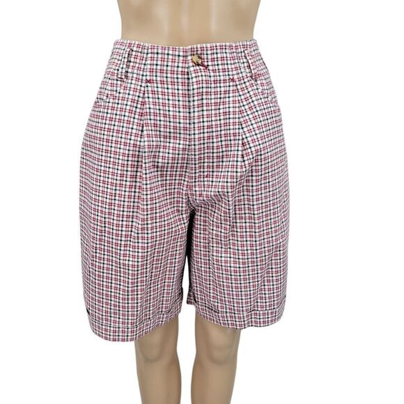 Outback Red Vintage Pleated Front Cotton Red and Green Plaid High-Waisted Shorts - Picture 1 of 12